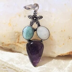 NWOT Natural Amethyst Larimar Moonstone Pendant .925 Sterling Overlay